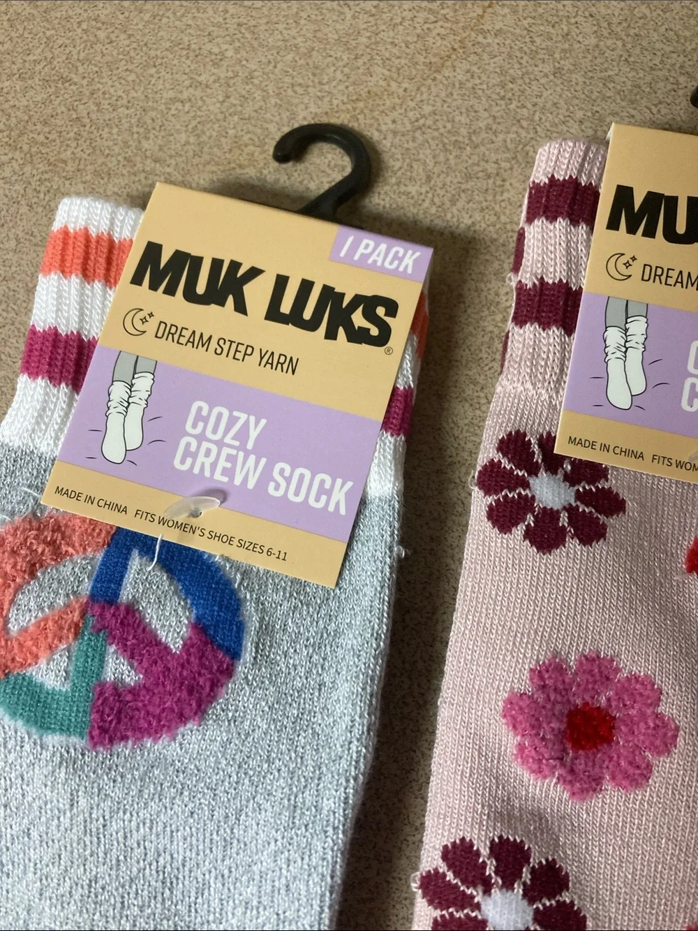 Muk Luks Crew Socks - Light Blue Peace Sign & Pink Floral (2-Pack)